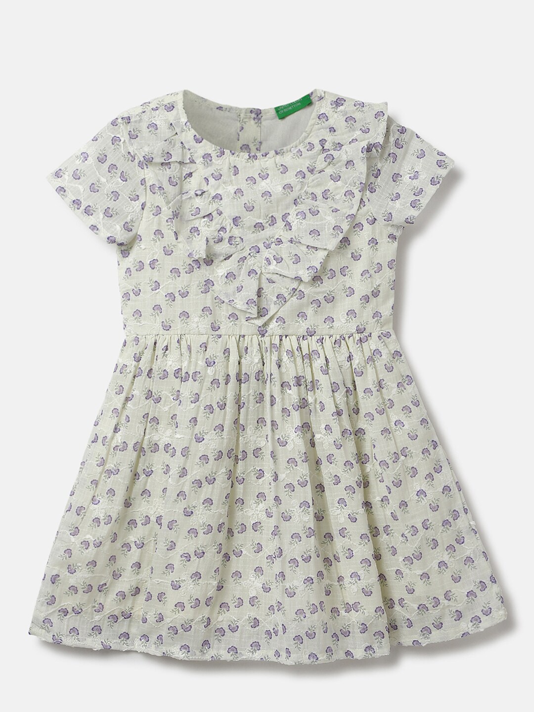 

United Colors of Benetton Girls Floral Printed Ruffled Cotton Fit & Flare Dress, Off white