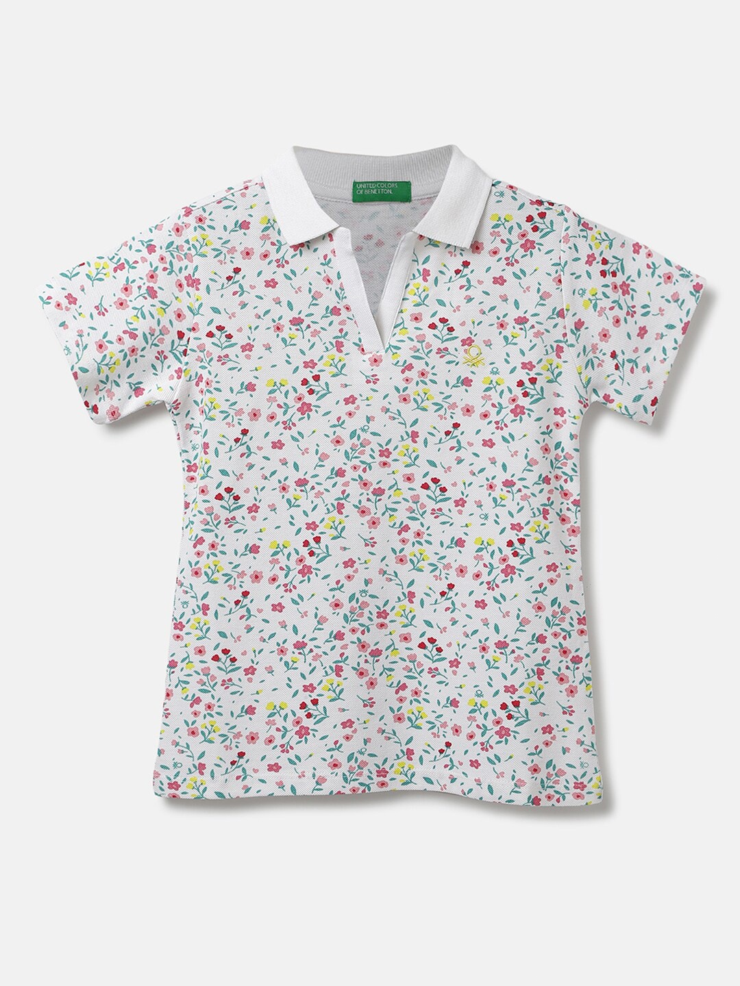 

United Colors of Benetton Girls Floral Printed Polo Collar Cotton T-shirt, Off white