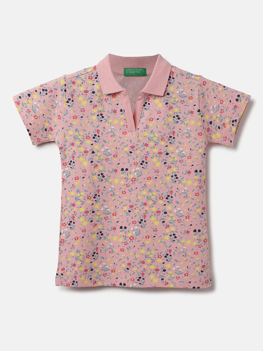

United Colors of Benetton Girls Floral Printed Polo Collar Cotton T-shirt, Pink