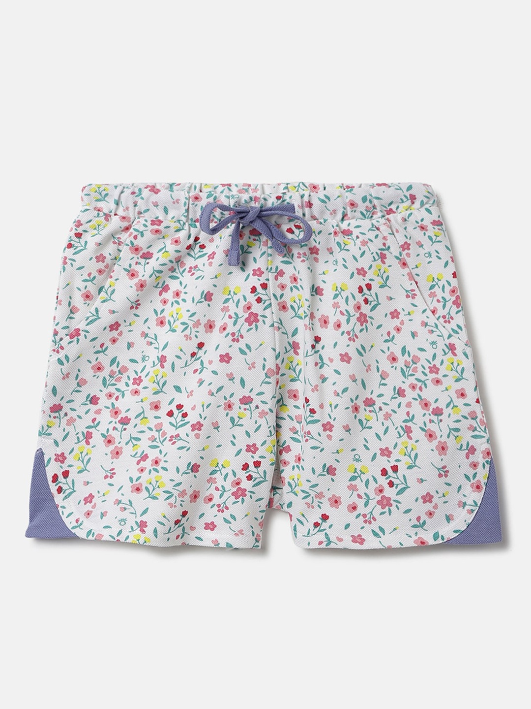 

United Colors of Benetton Girls Floral Printed Mid Rise Cotton Shorts, Off white
