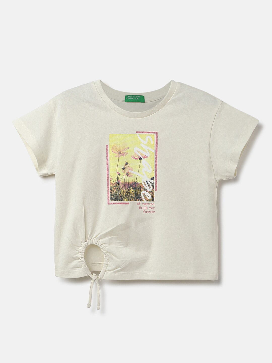 

United Colors of Benetton Girls Graphic Printed Cotton Top, Cream