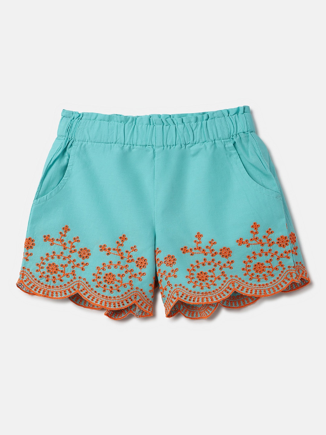 

United Colors of Benetton Girls Floral Embroidered Cotton Shorts, Blue