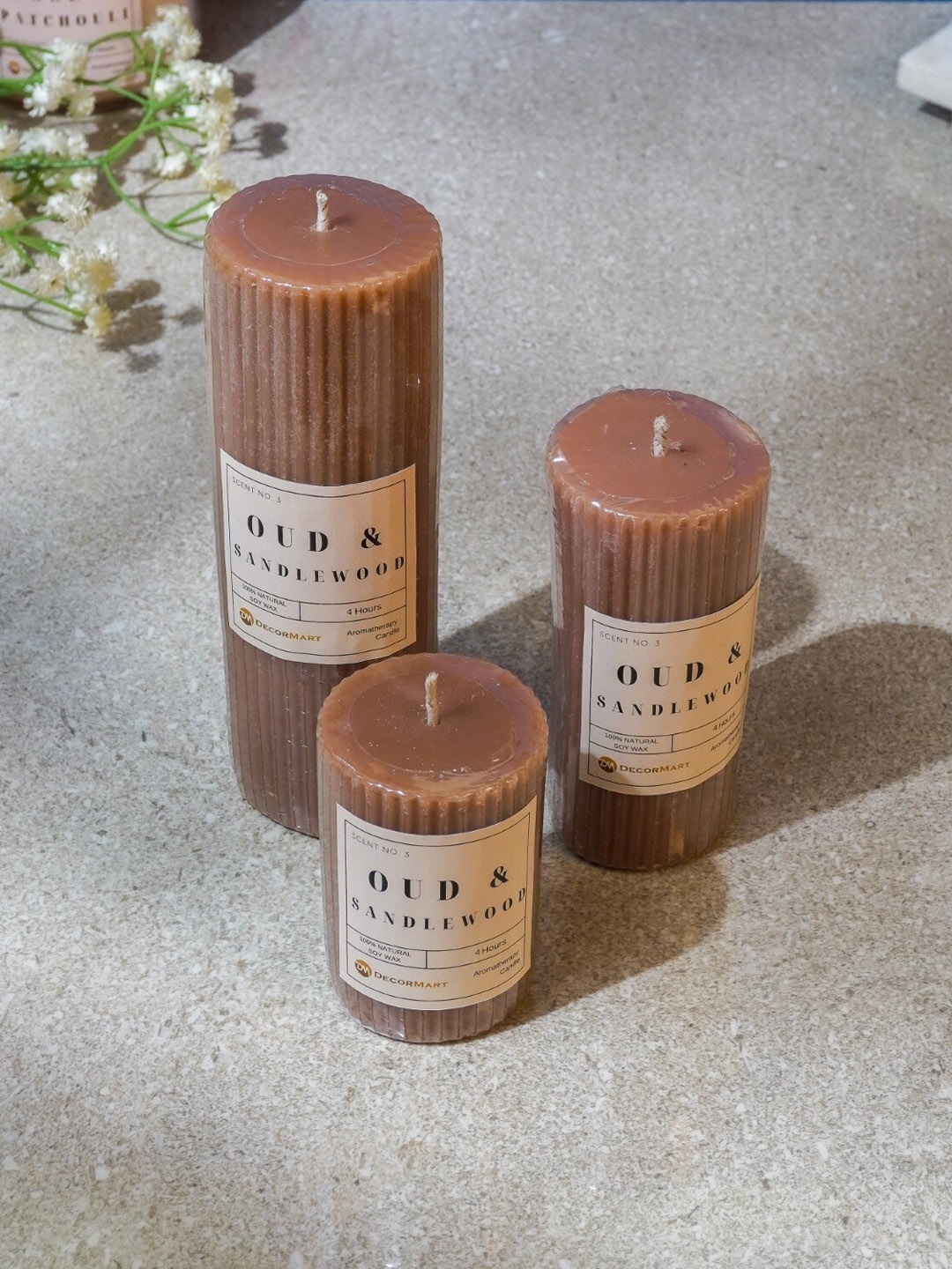 

The Decor Mart Brown 3 Pieces Oud & Sandal Wood Scented Pillar Candles