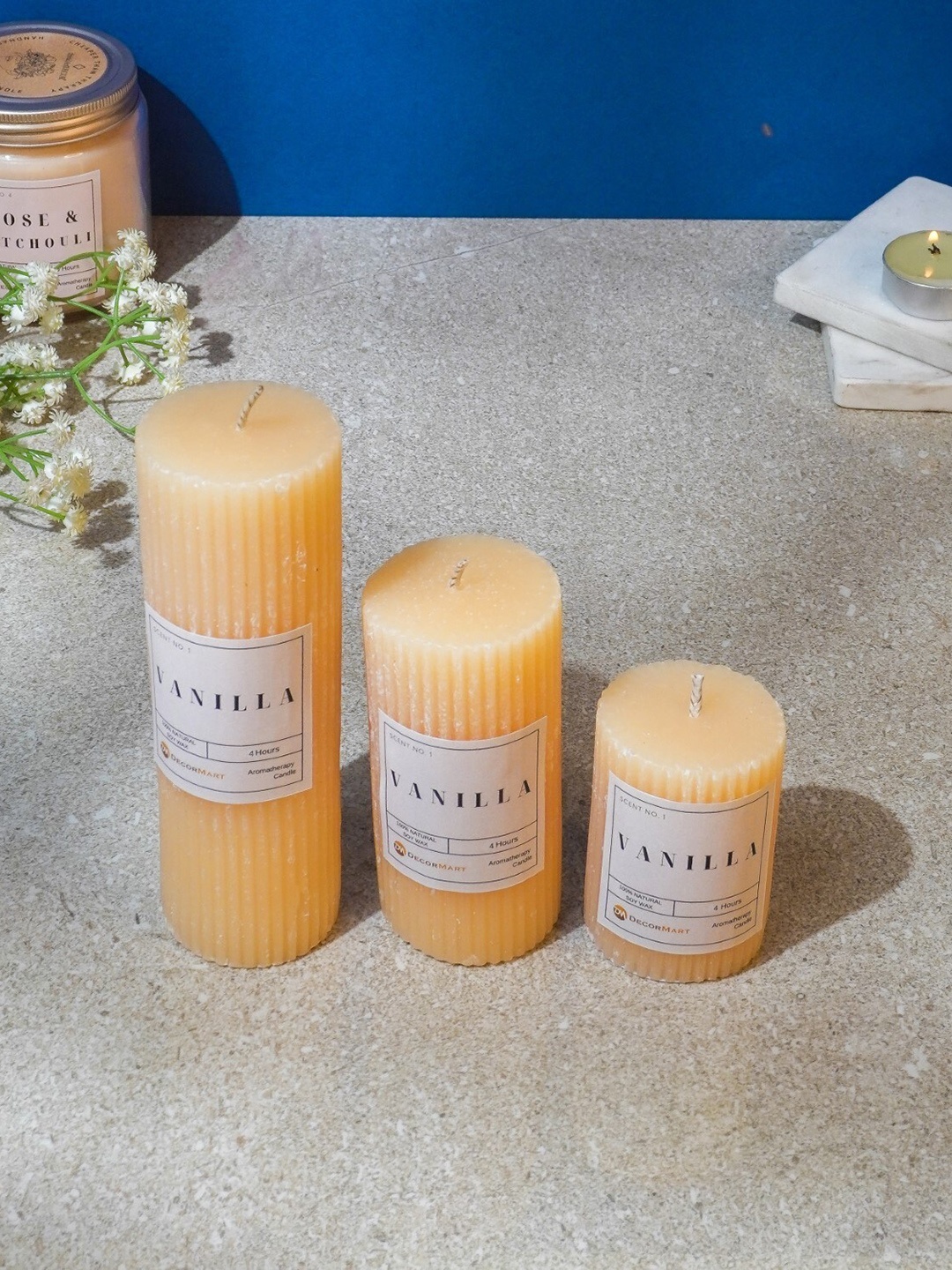 

The Decor Mart Beige 3 Pieces Jasmine Scented Pillar Candles