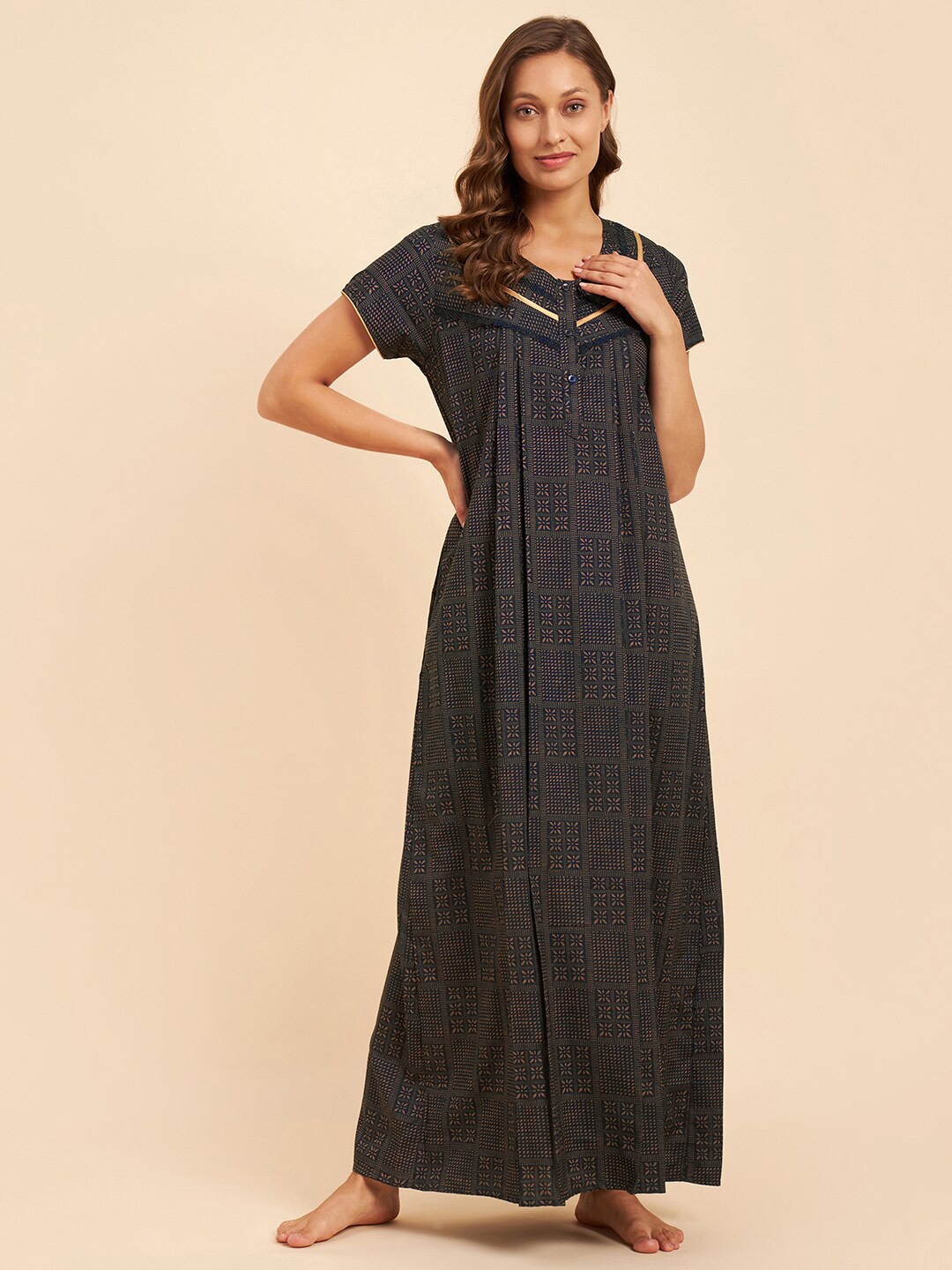 

Sweet Dreams Black & Brown Ethnic Motifs Printed Maxi Nightdress