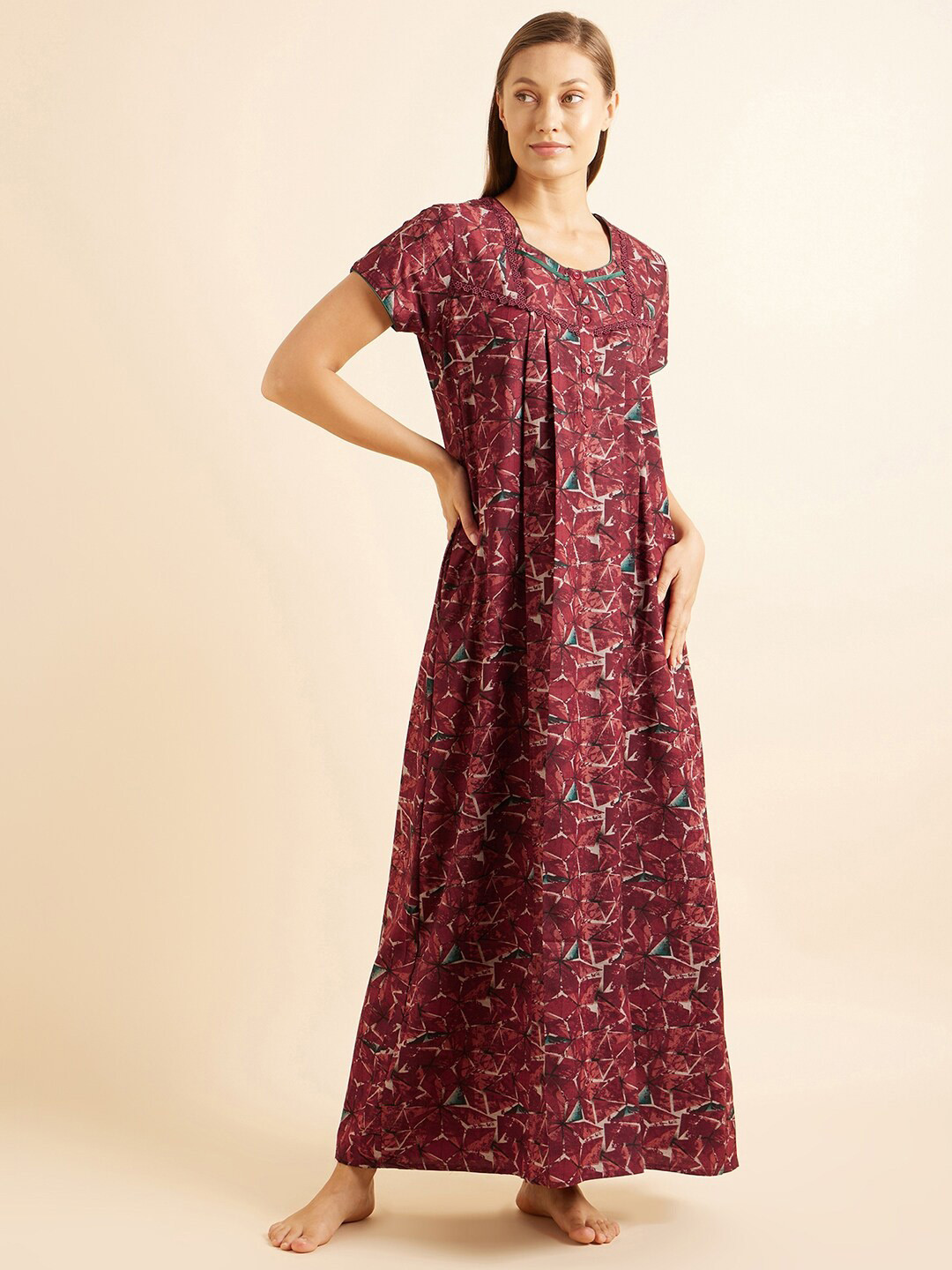 

Sweet Dreams Maroon & Green Printed Maxi Nightdress