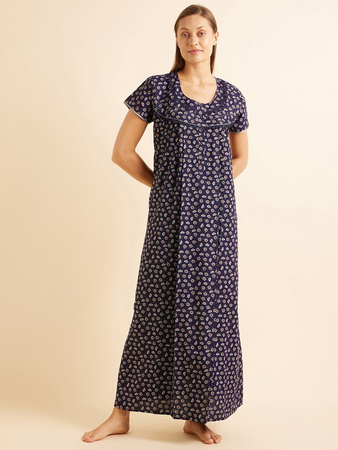 

Sweet Dreams Navy Blue & White Floral Printed Maxi Nightdress