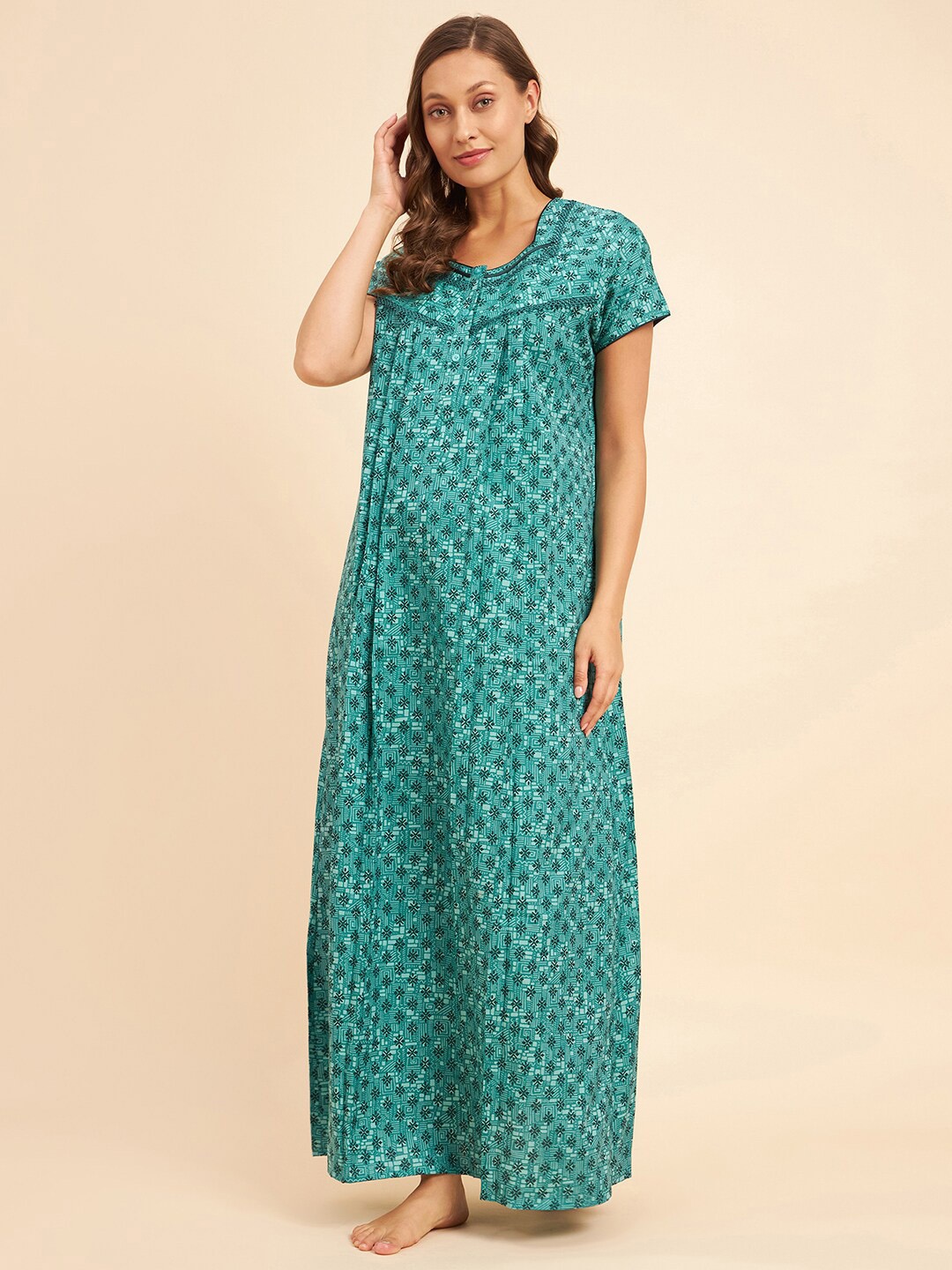 

Sweet Dreams Green & Black Ethnic Motifs Printed Maxi Nightdress