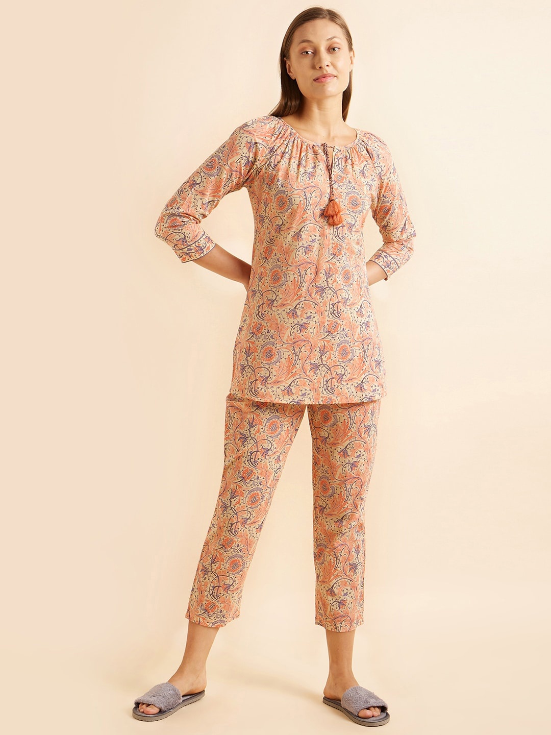 

Sweet Dreams Peach-Coloured & Blue Floral Printed Pure Cotton Night Suit