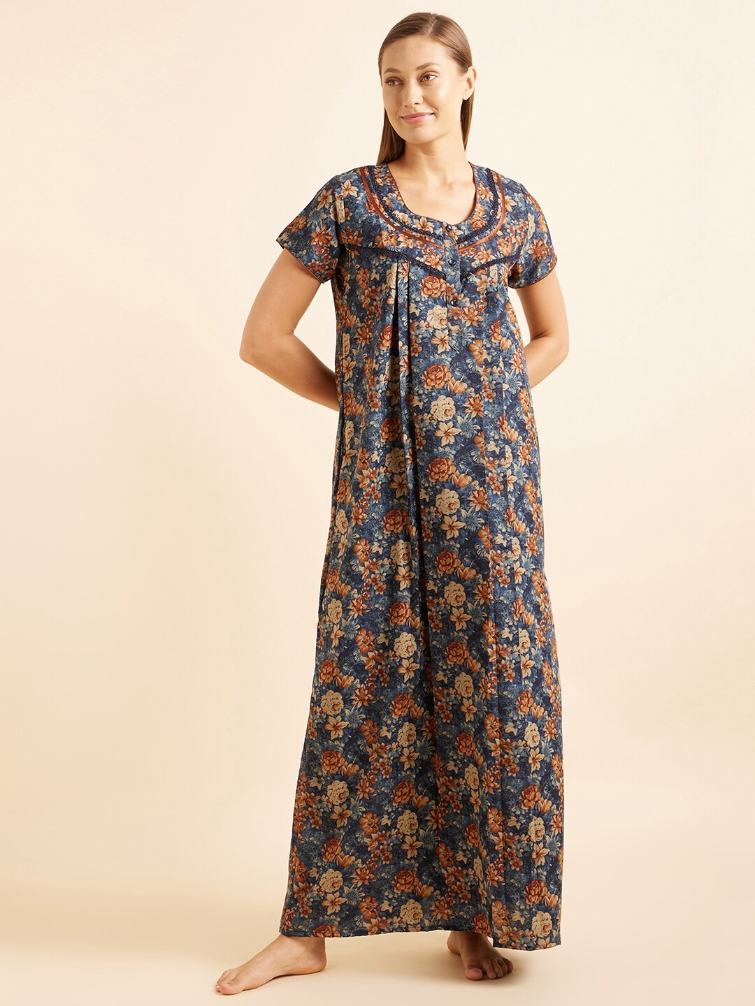 

Sweet Dreams Blue & Brown Floral Printed Maxi Nightdress