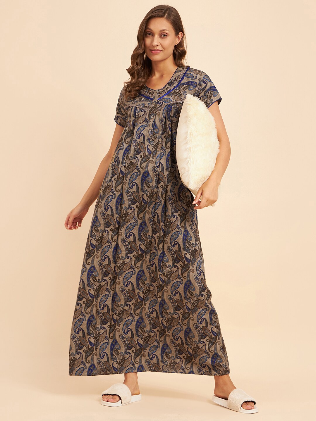 

Sweet Dreams Beige & Blue Ethnic Motifs Printed Maxi Nightdress