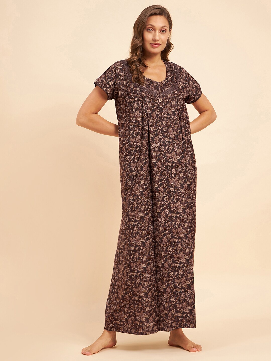 

Sweet Dreams Brown & Beige Floral Printed Maxi Nightdress