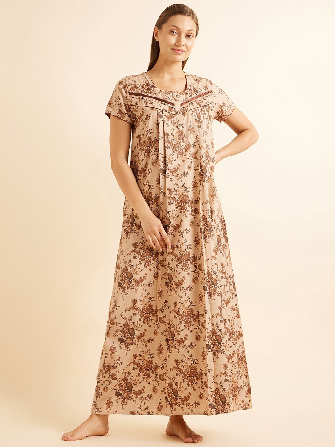 

Sweet Dreams Beige & Brown Floral Printed Maxi Nightdress