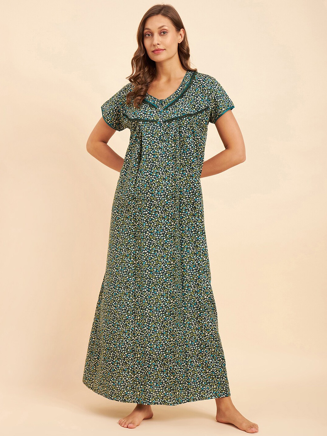 

Sweet Dreams Green & White Floral Printed Maxi Nightdress
