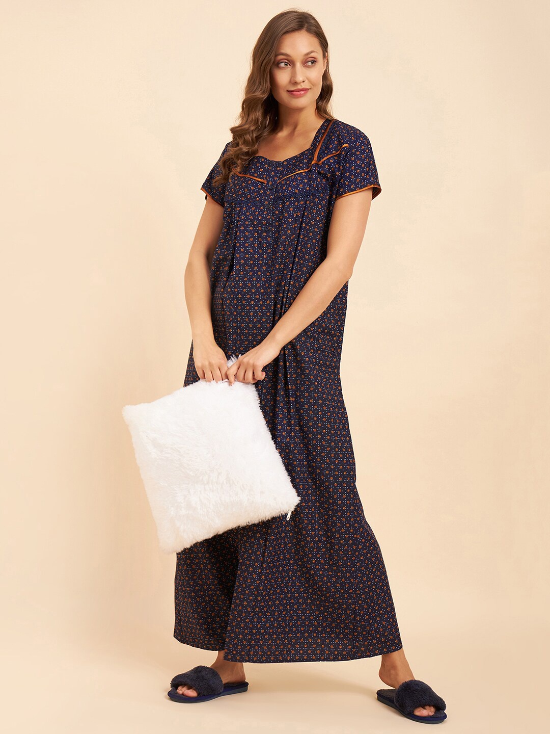 

Sweet Dreams Navy Blue & Brown Printed Maxi Nightdress