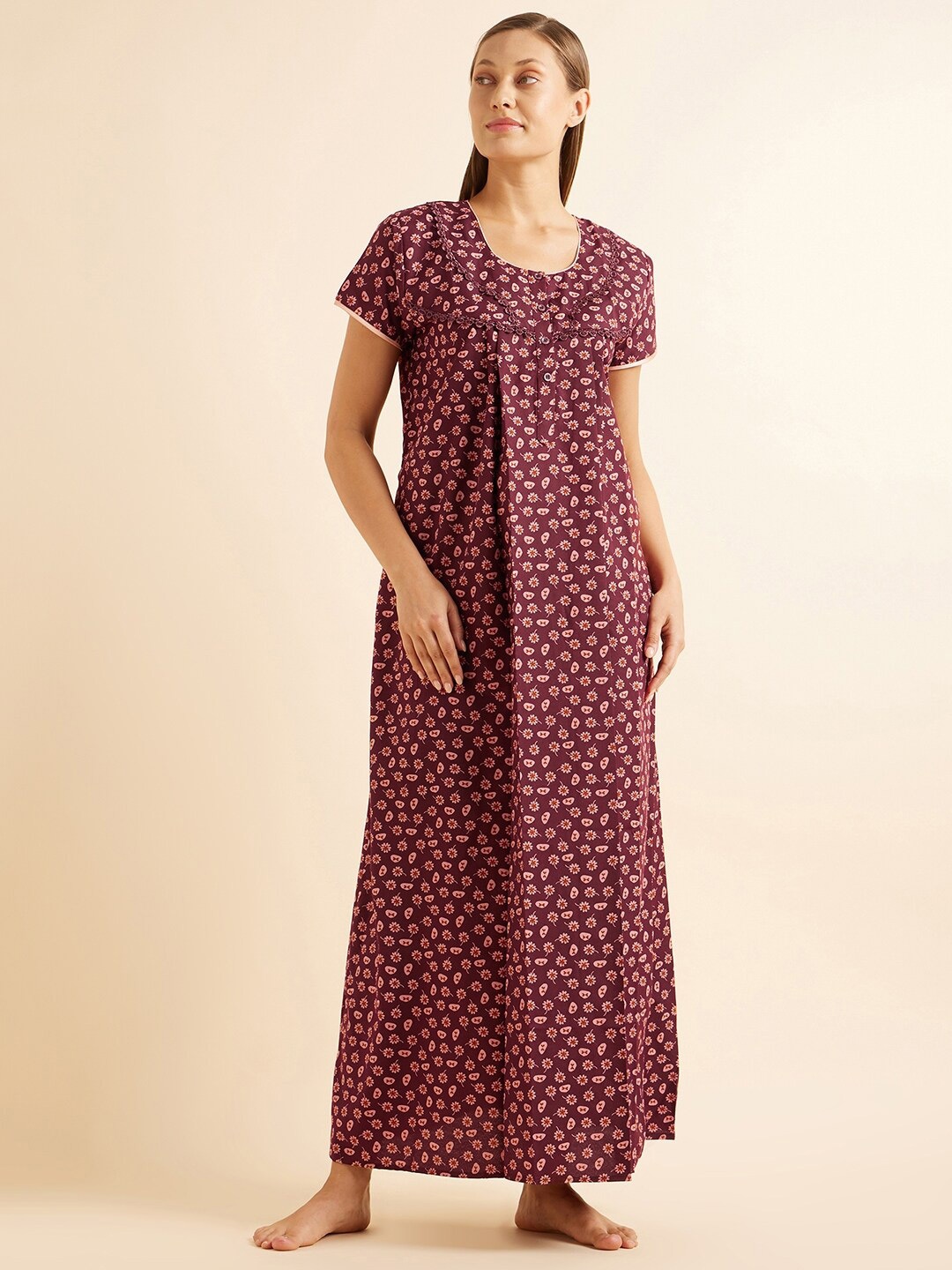 

Sweet Dreams Maroon & Beige Floral Printed Maxi Nightdress