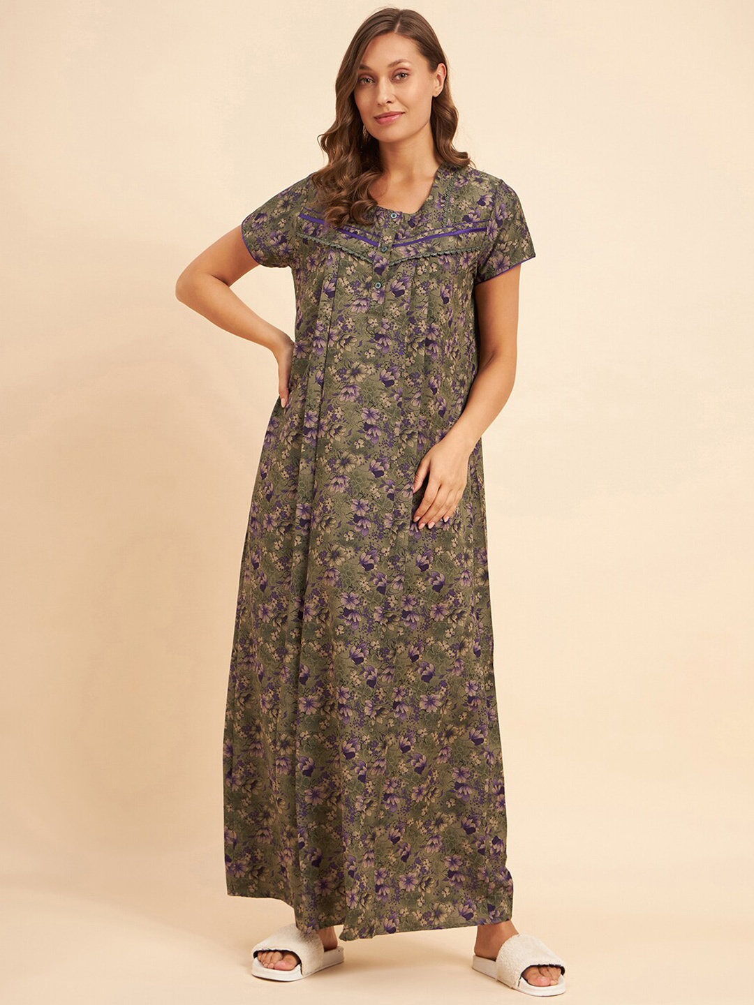 

Sweet Dreams Green & Purple Floral Printed Maxi Nightdress