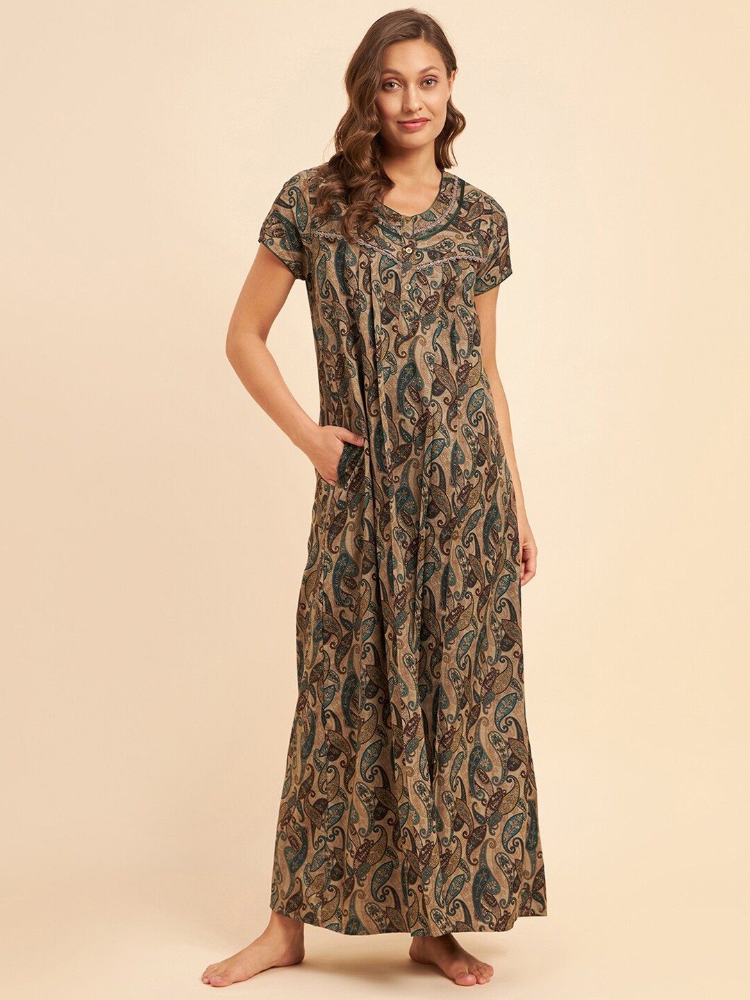 

Sweet Dreams Brown & Green Ethnic Motifs Printed Maxi Nightdress