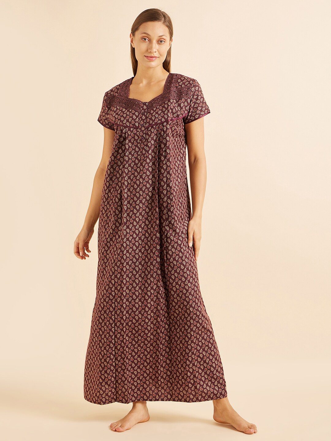 

Sweet Dreams Maroon & Red Ethnic Motifs Printed Maxi Nightdress