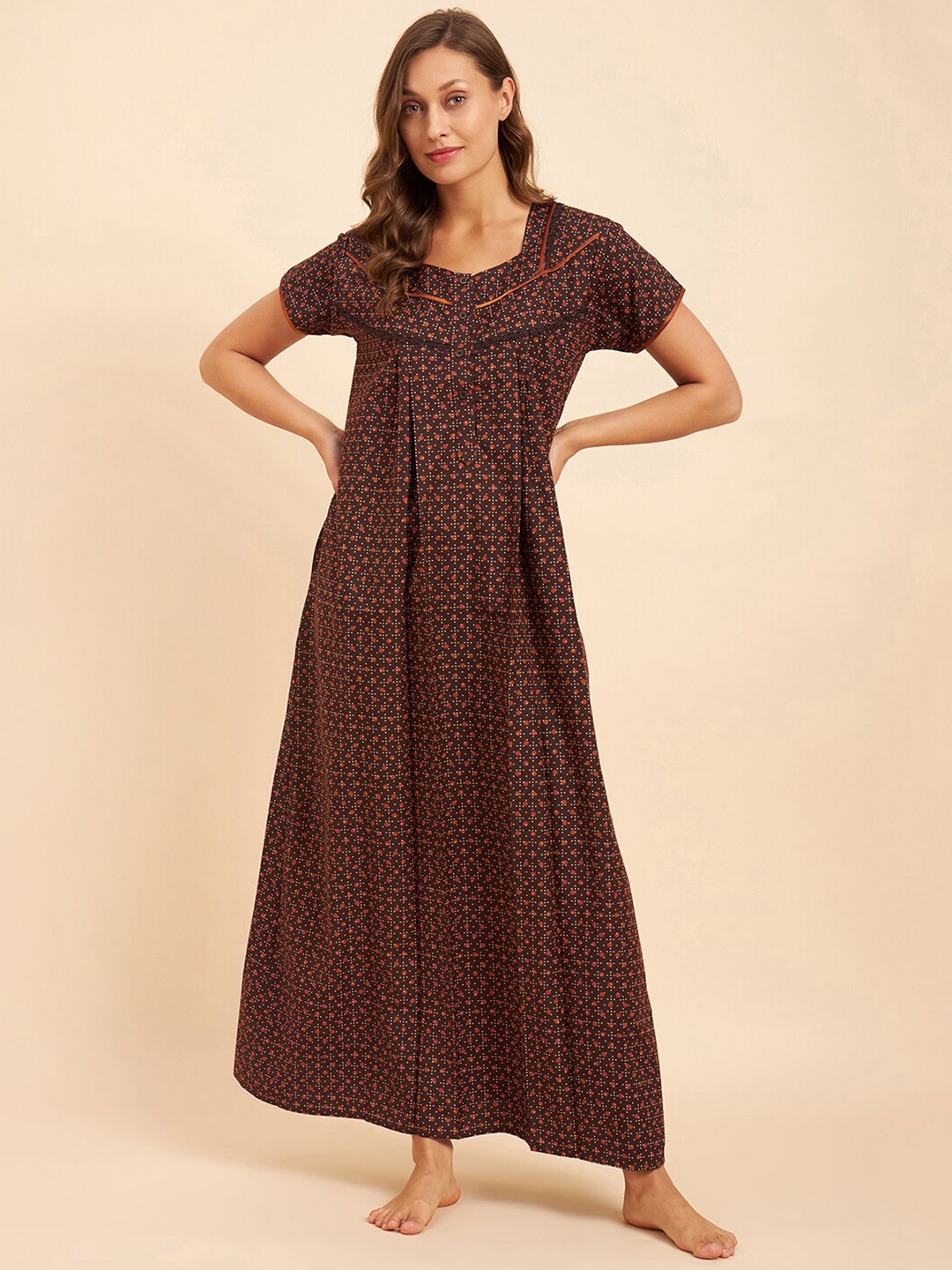 

Sweet Dreams Brown & Red Printed Maxi Nightdress