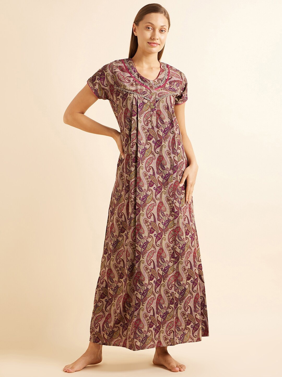 

Sweet Dreams Brown & Purple Ethnic Motifs Printed Maxi Nightdress