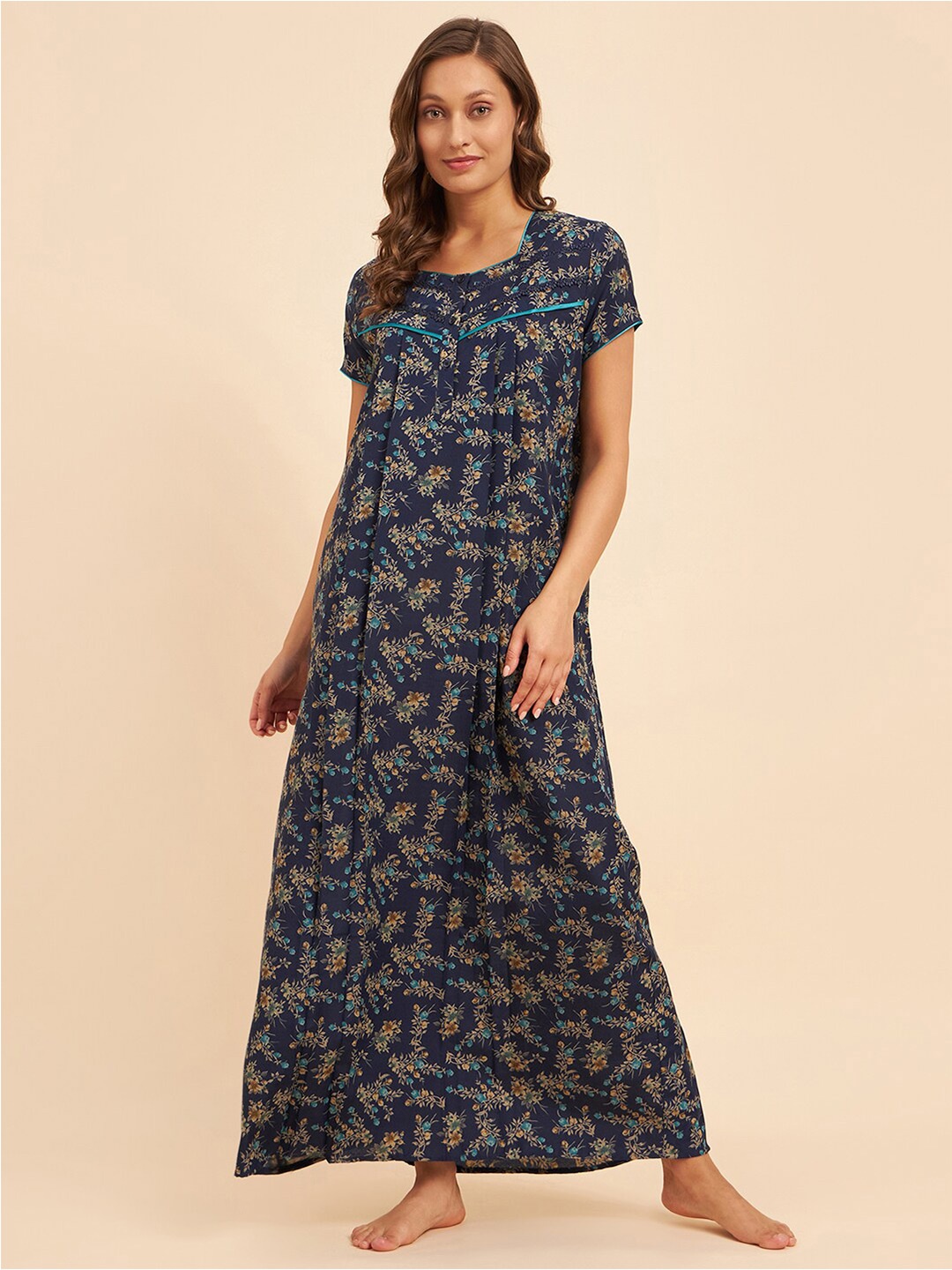

Sweet Dreams Navy Blue & Beige Floral Printed Maxi Nightdress