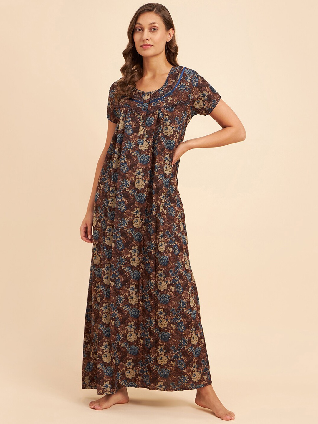 

Sweet Dreams Brown & Beige Floral Printed Maxi Nightdress