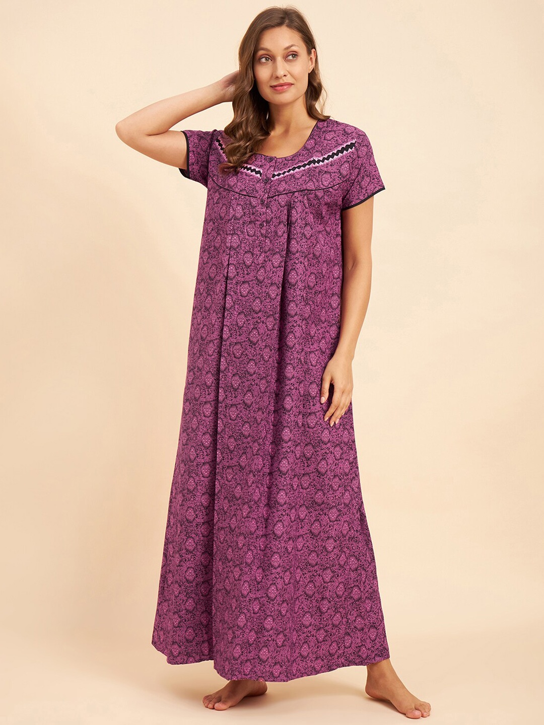 

Sweet Dreams Pink & Purple Ethnic Motifs Printed Maxi Nightdress