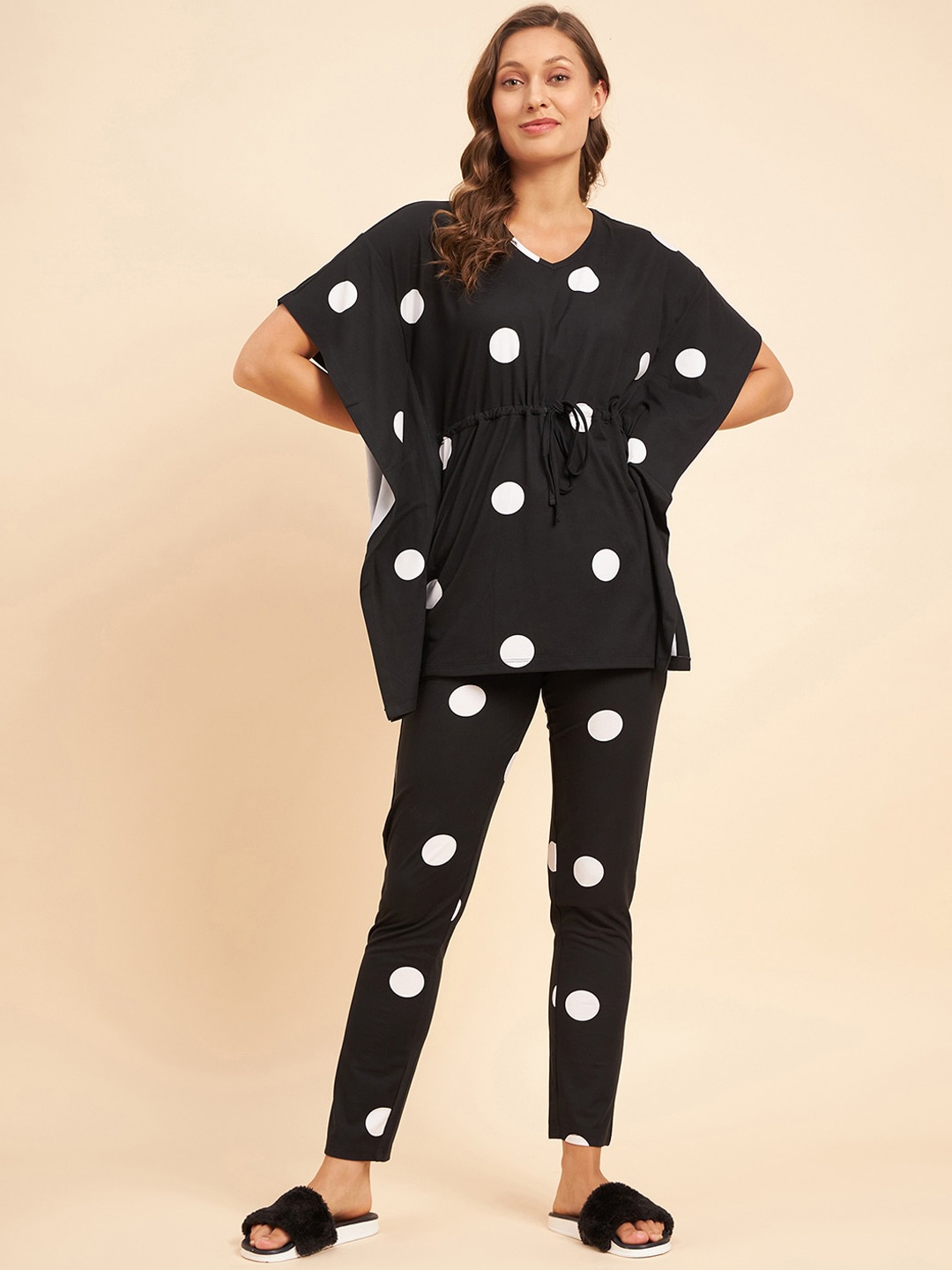 

Sweet Dreams Black & White Polka Dots Printed Kaftan Night Suit