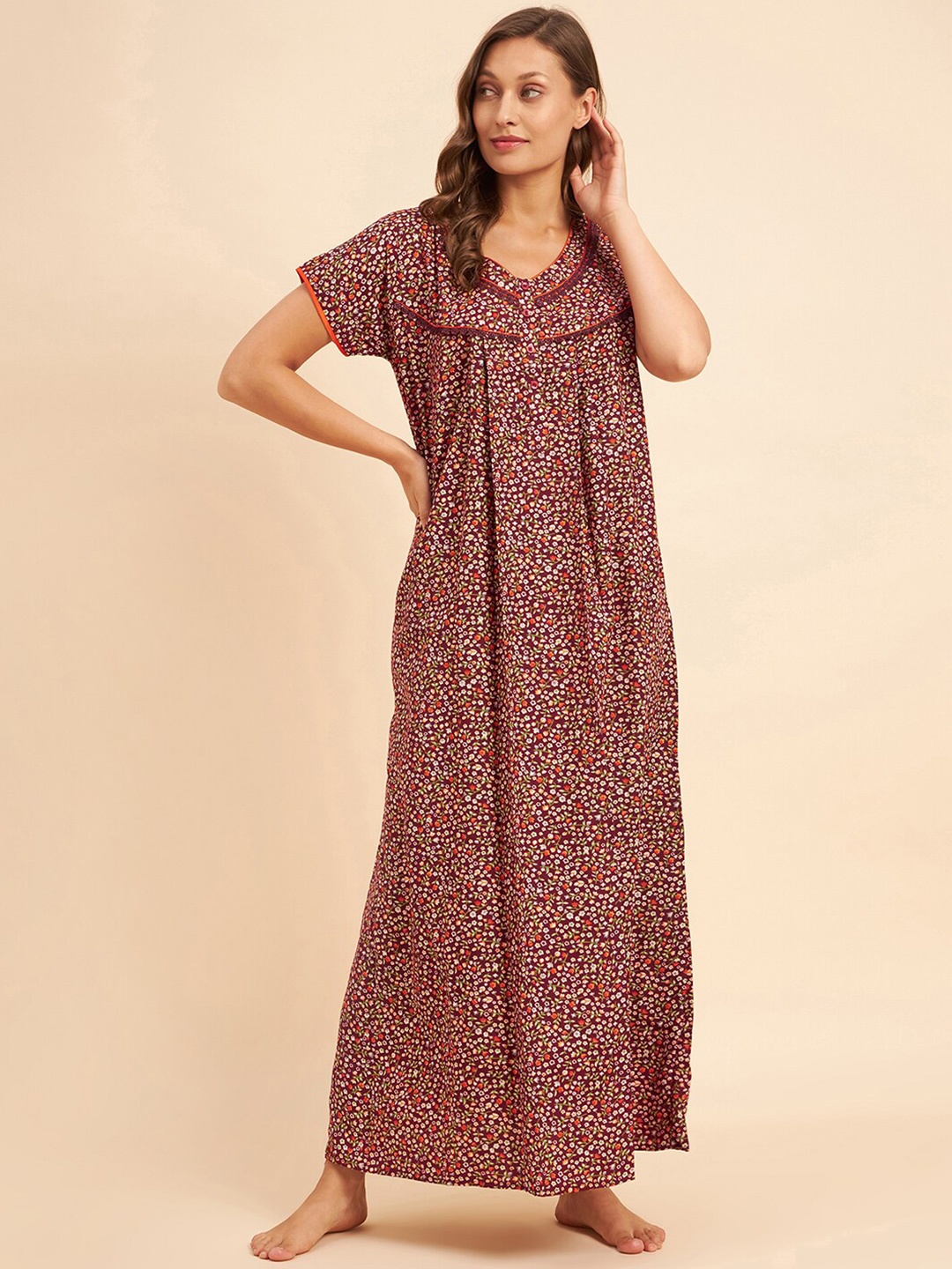 

Sweet Dreams Maroon & Beige Floral Printed Maxi Nightdress