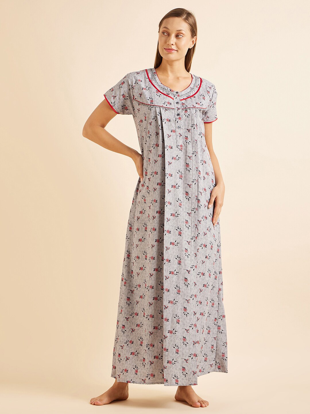 

Sweet Dreams Grey & Red Floral Printed Printed Maxi Nightdress