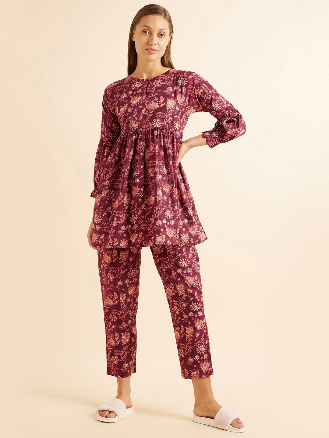 

Sweet Dreams Maroon & Off White Floral Printed Pure Cotton Night Suit