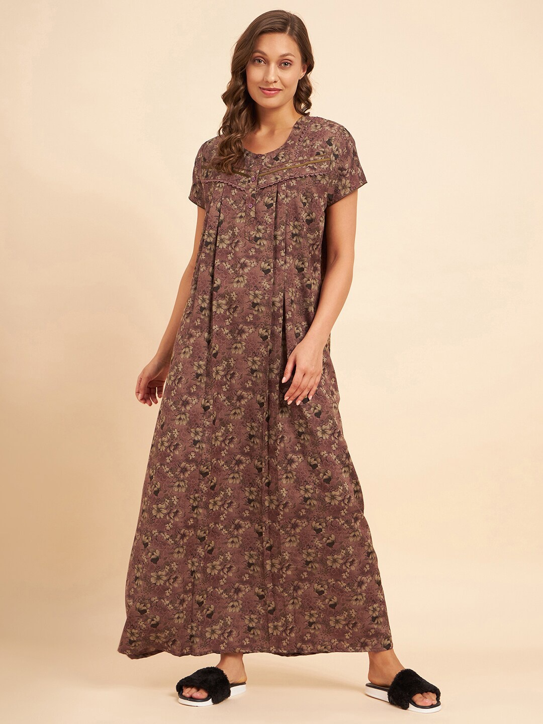 

Sweet Dreams Brown & Beige Floral Printed Maxi Nightdress