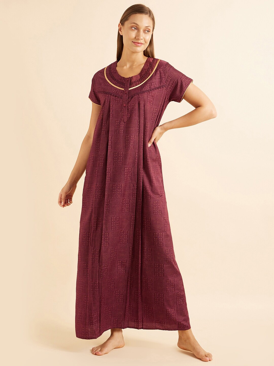 

Sweet Dreams Maroon & Brown Ethnic Motifs Printed Maxi Nightdress