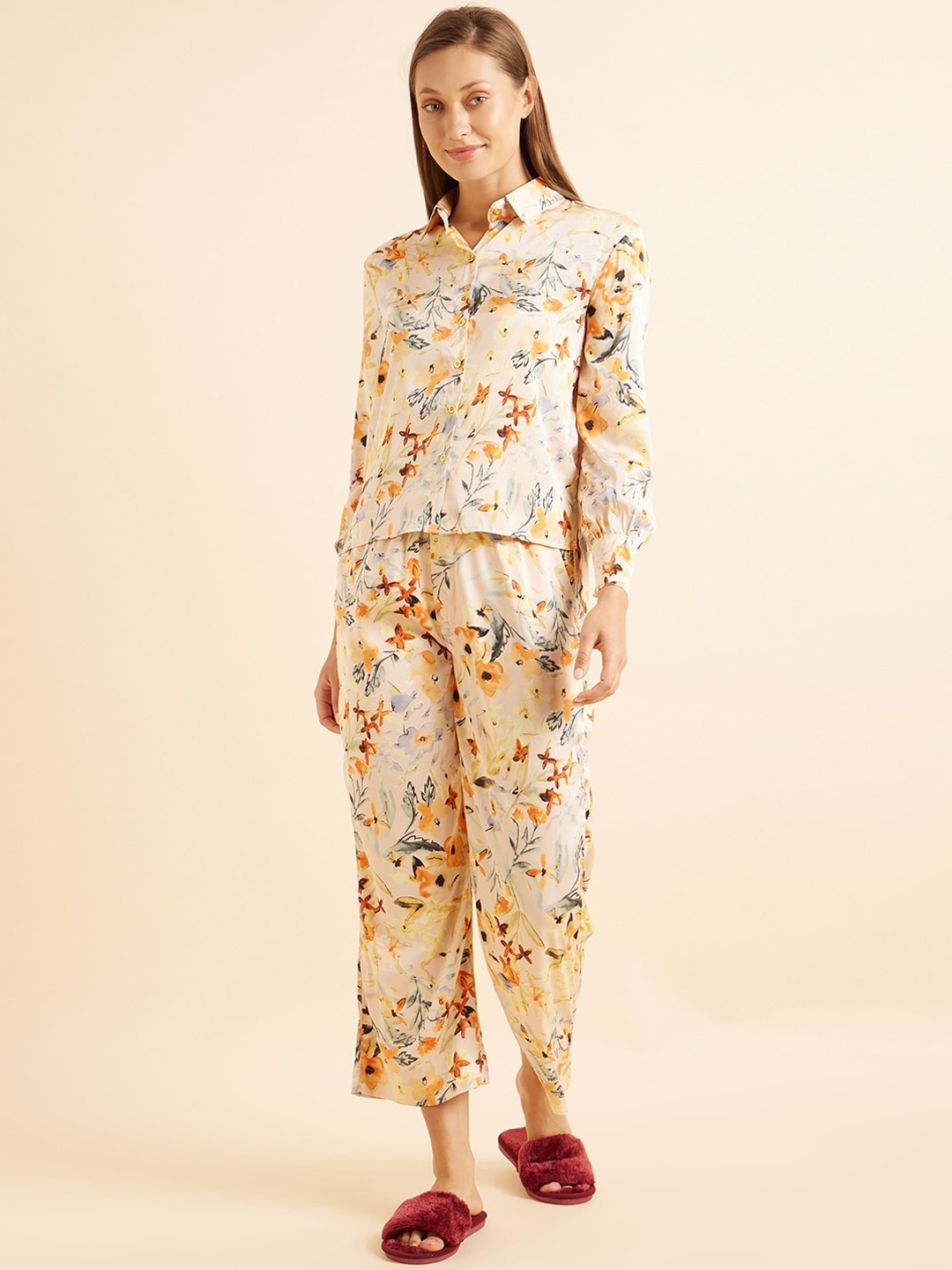 

Sweet Dreams Rose & Yellow Floral Printed Satin Night Suit