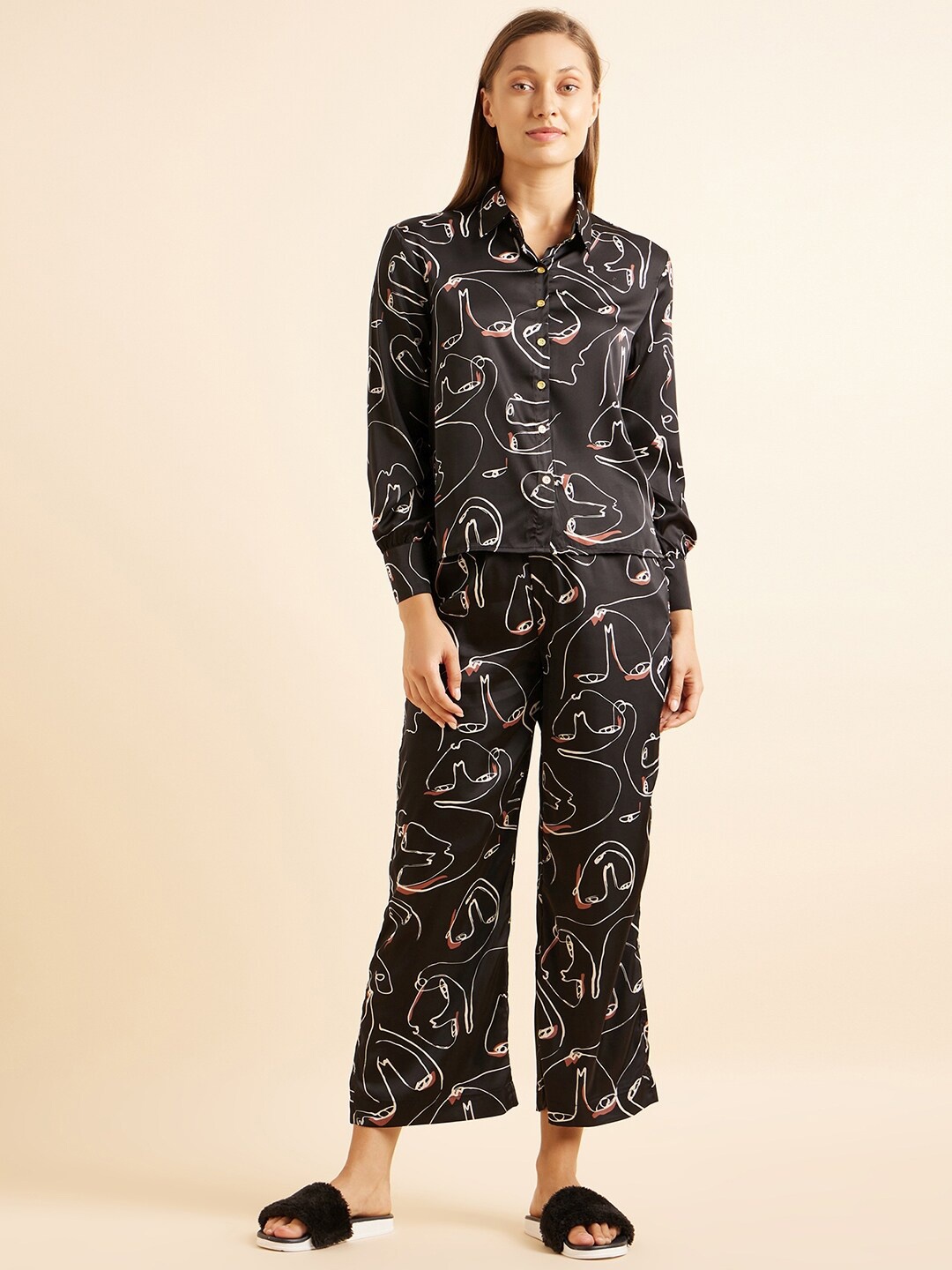 

Sweet Dreams Black & White Abstract Printed Satin Night Suit