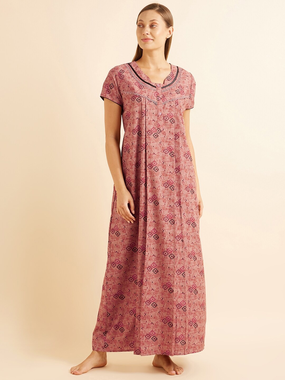 

Sweet Dreams Brown Geometric Printed Maxi Nightdress