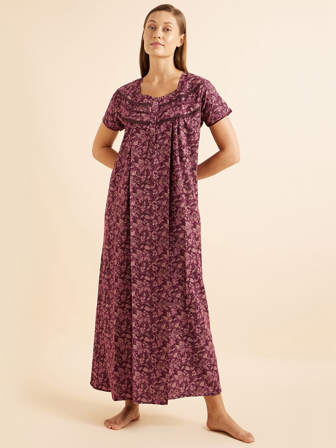 

Sweet Dreams Maroon Floral Printed Maxi Nightdress