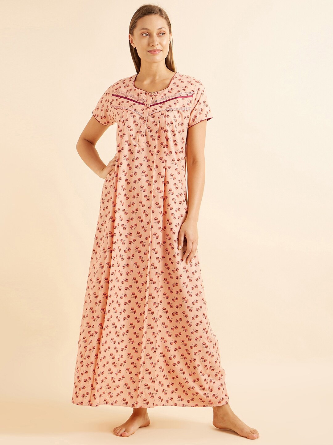 

Sweet Dreams Peach & Red Floral Printed Maxi Nightdress