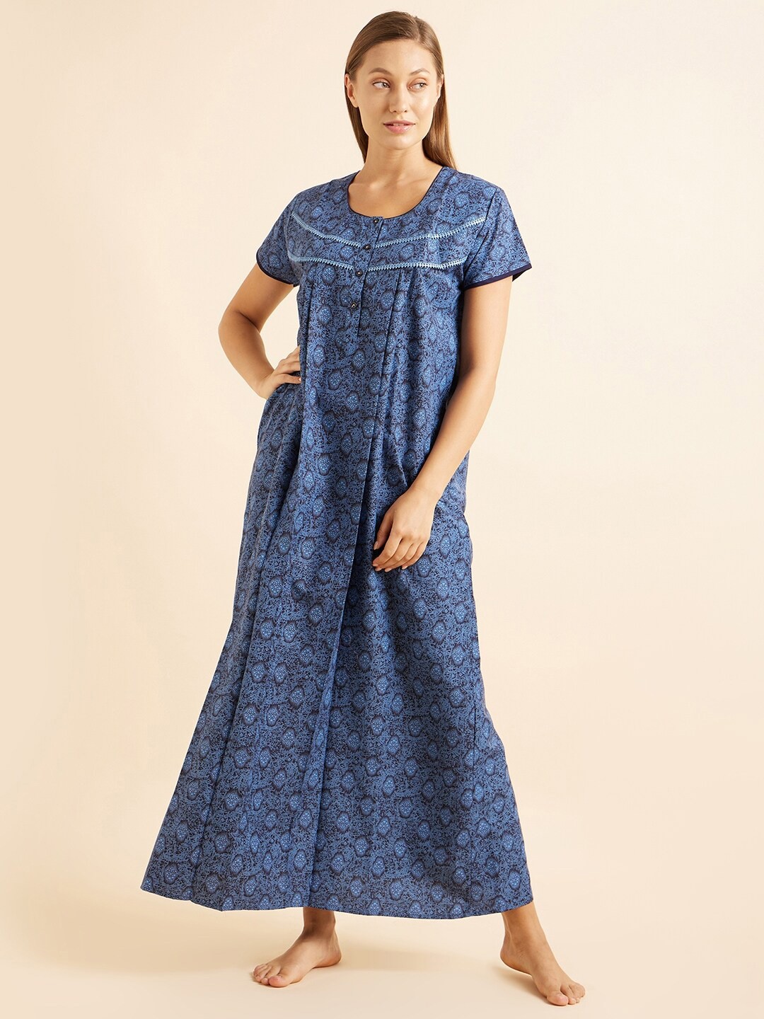 

Sweet Dreams Blue Ethnic Motifs Printed Maxi Nightdress