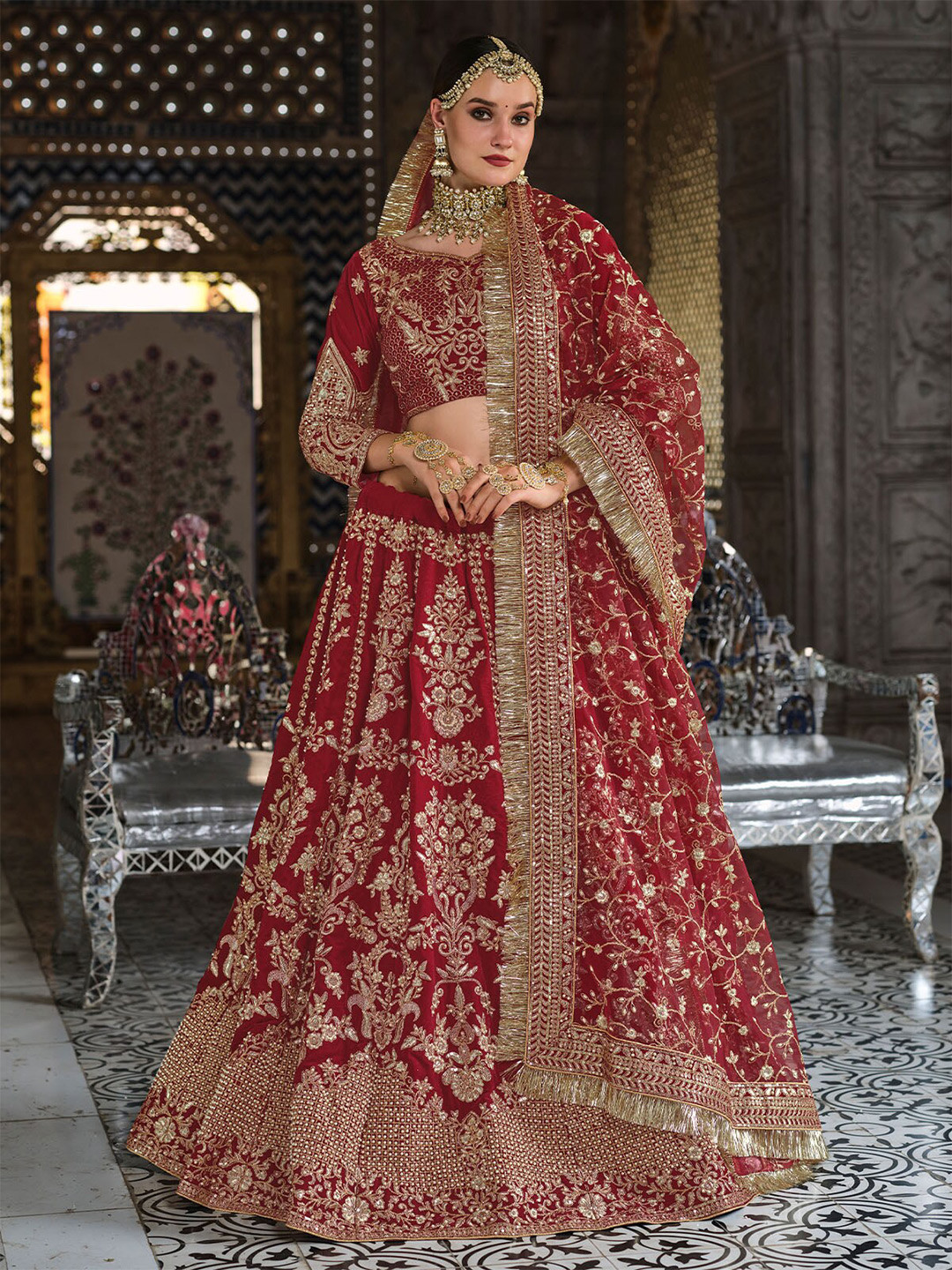 

ODETTE Embroidered Thread Work Semi-Stitched Lehenga & Unstitched Blouse With Dupatta, Maroon