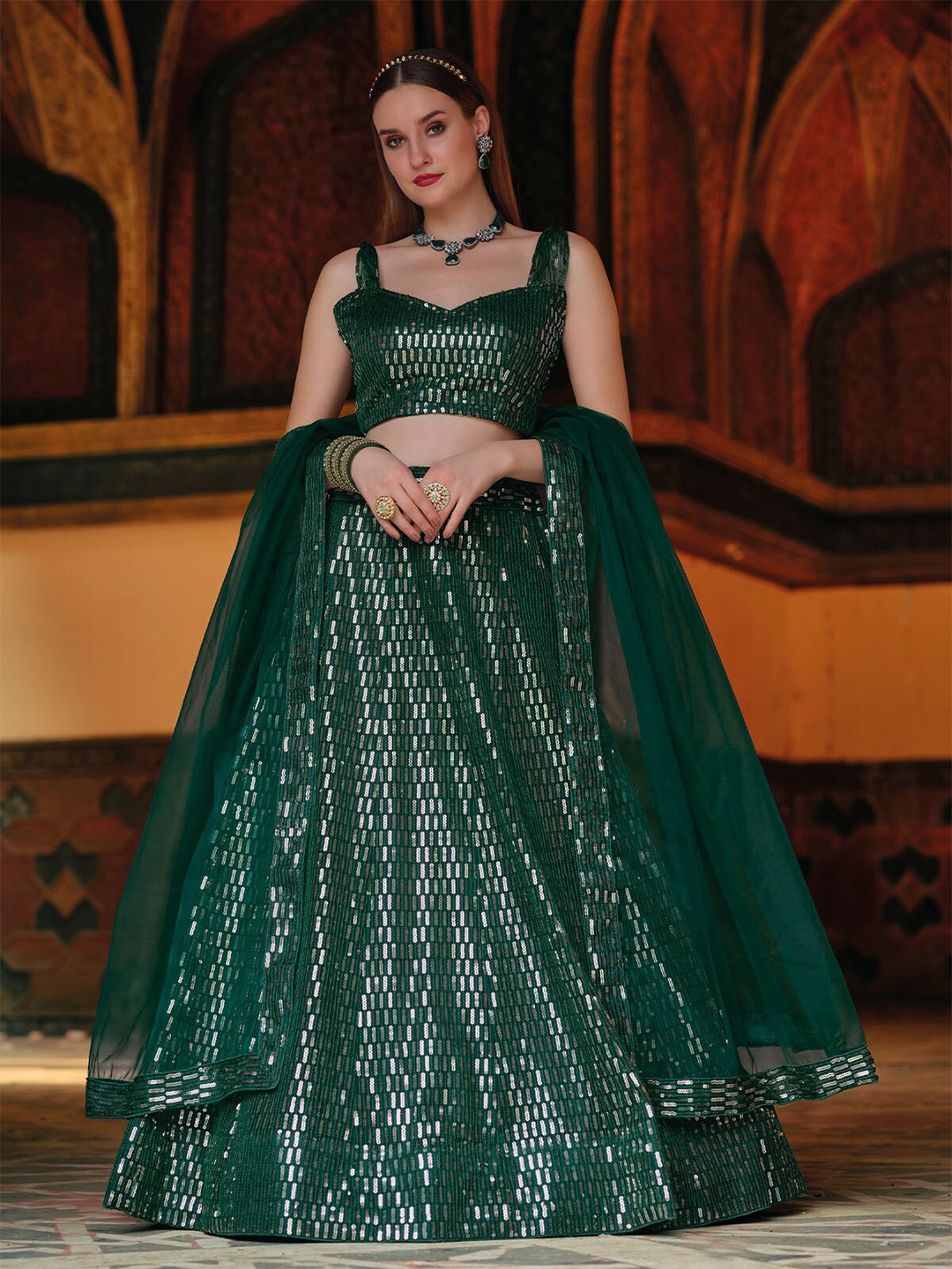 

ODETTE Embellished Sequinned Semi-Stitched Lehenga & Unstitched Blouse With Dupatta, Green