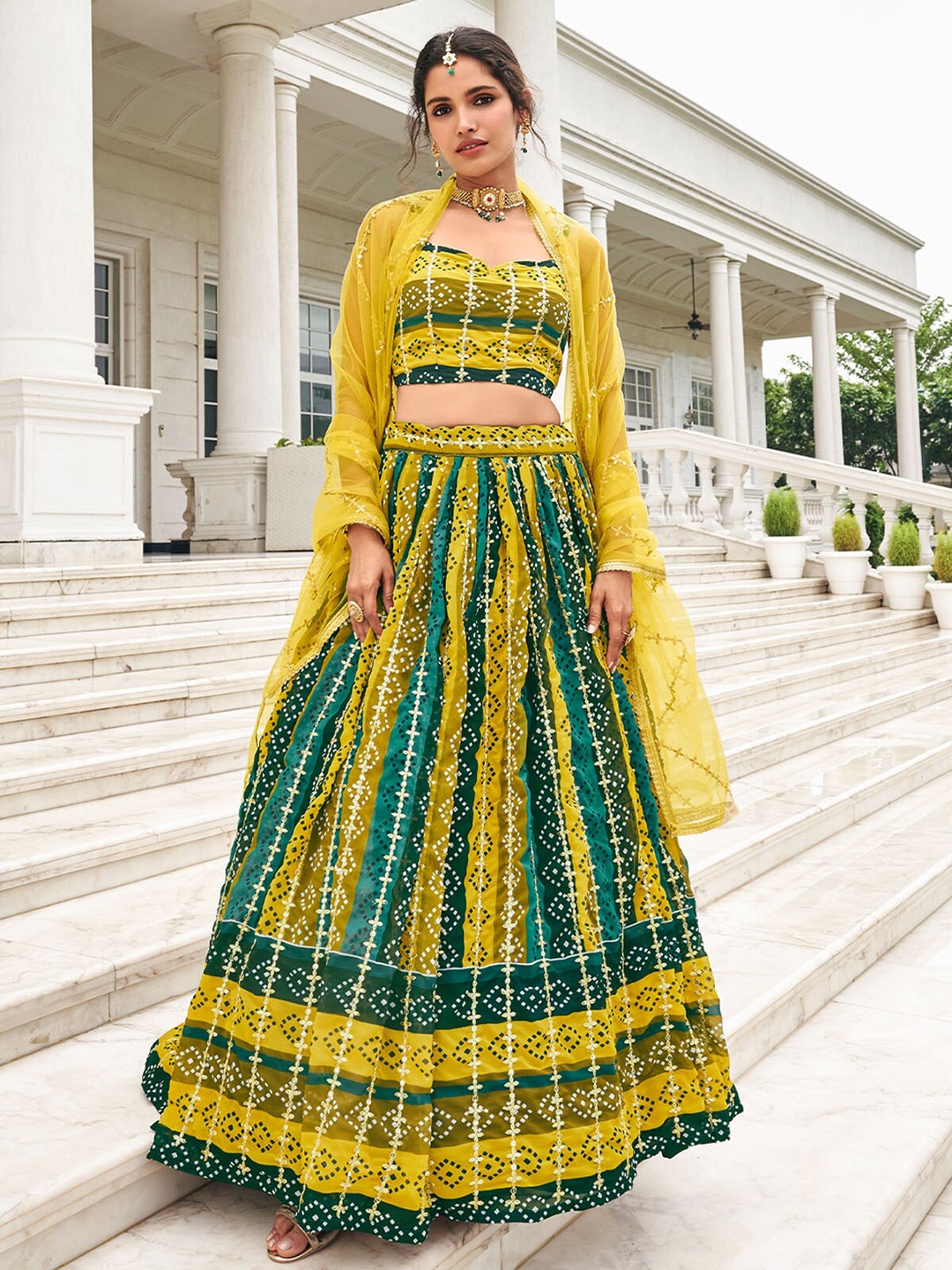 ODETTE Embroidered Gotta Patti Semi-Stitched Lehenga & Unstitched Blouse With Dupatta, Green