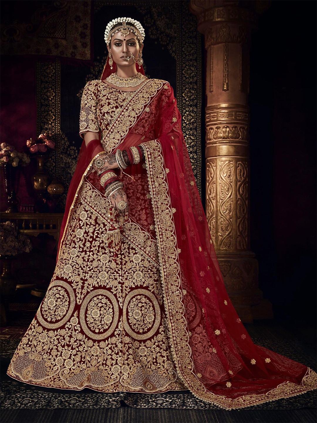 

ODETTE Embroidered Sequinned Velvet Semi-Stitched Lehenga Choli With Dupatta, Maroon