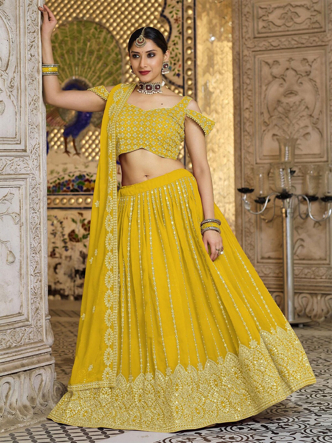 

ODETTE Embroidered Sequinned Semi-Stitched Georgette Lehenga Choli With Dupatta, Yellow