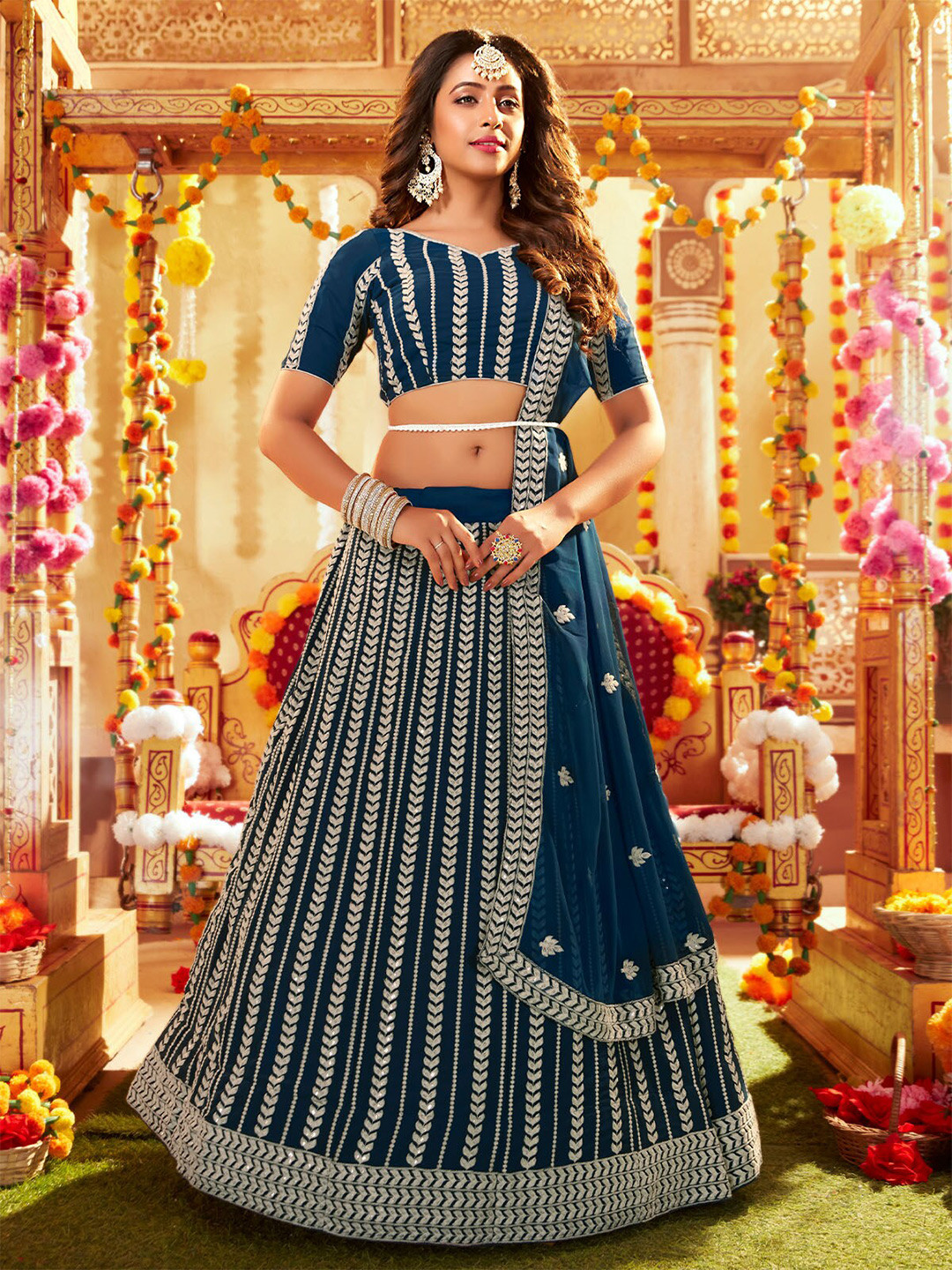 

ODETTE Embroidered Thread Work Semi-Stitched Lehenga & Unstitched Blouse With Dupatta, Teal