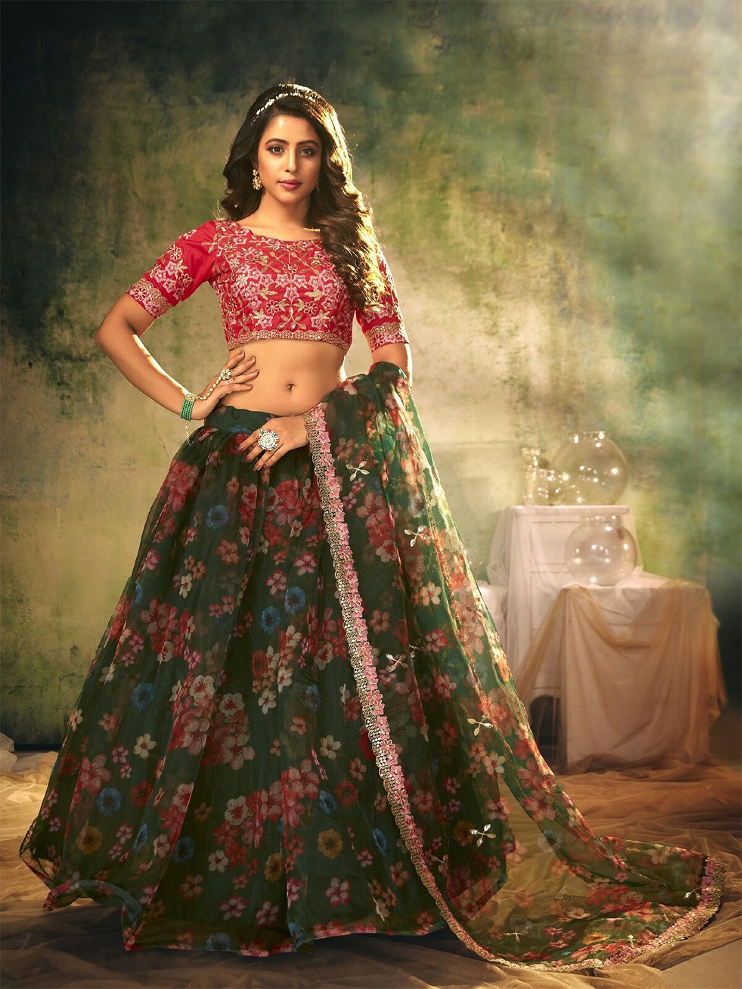 

ODETTE Embroidered Thread Work Semi-Stitched Lehenga Choli With Dupatta, Green
