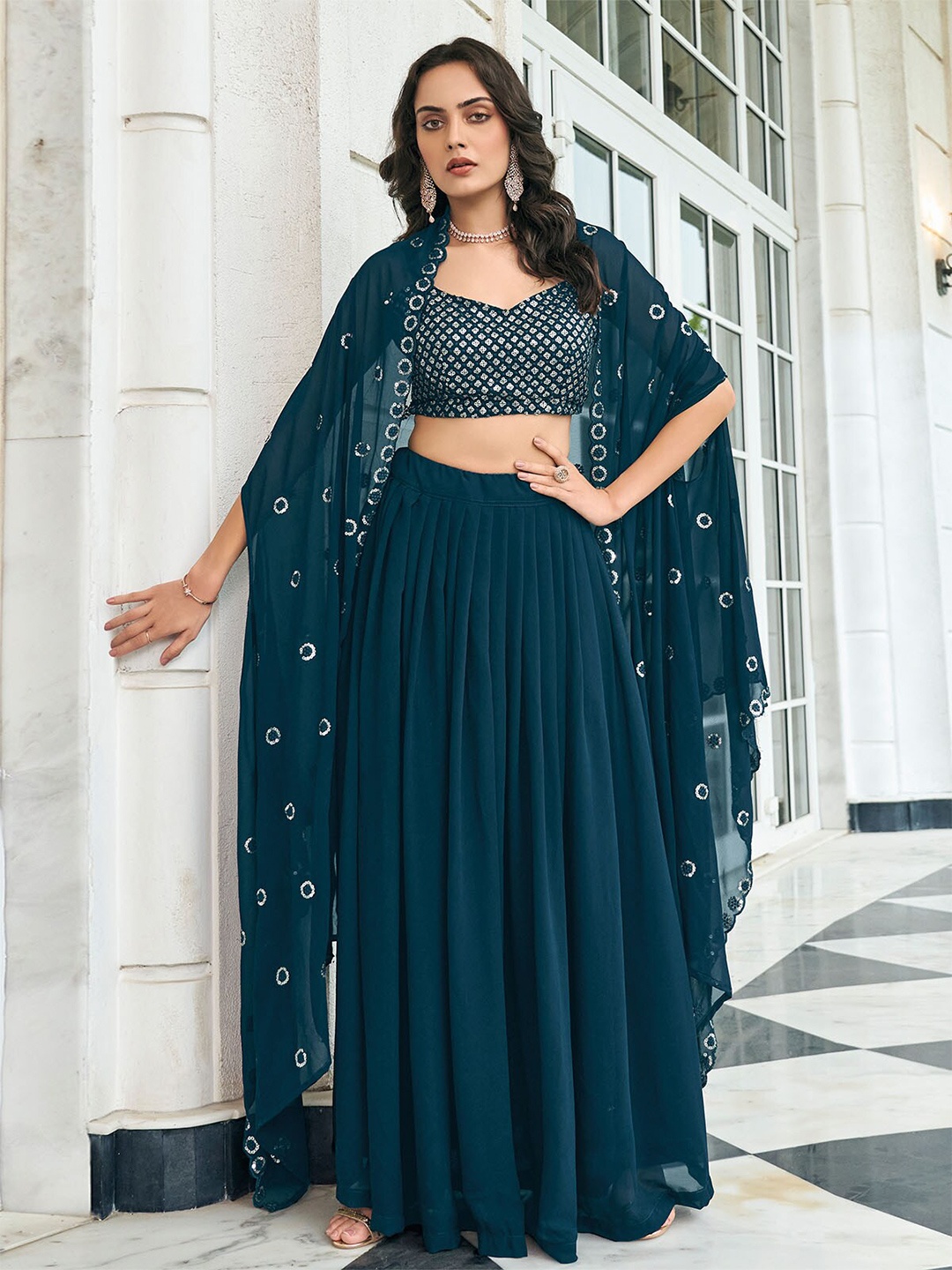 

ODETTE Embellished Sequinned Semi-Stitched Lehenga Choli With Long Jacket, Teal