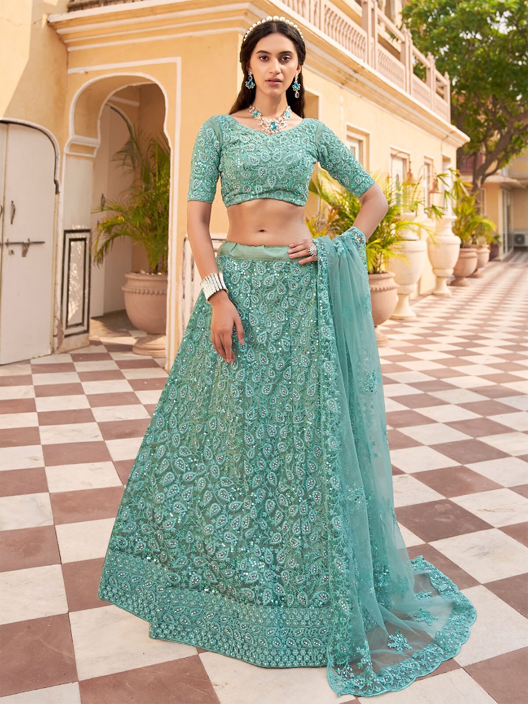 

ODETTE Embroidered Sequinned Semi-Stitched Net Lehenga Choli With Dupatta, Sea green
