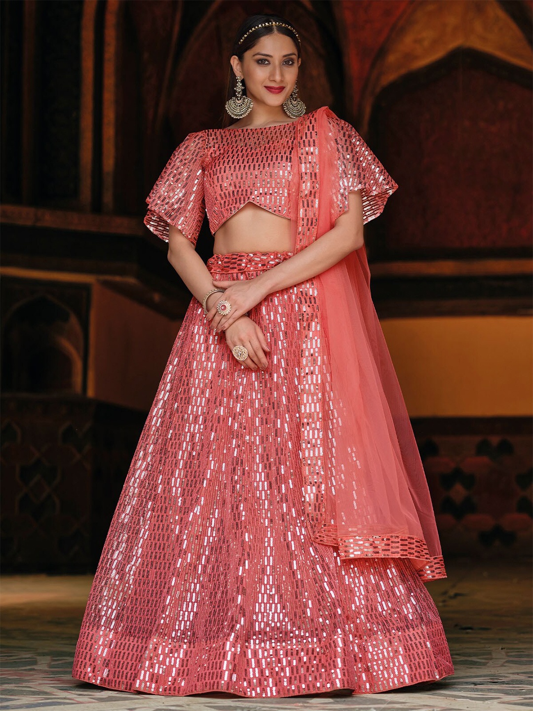 

ODETTE Embellished Sequinned Semi-Stitched Lehenga & Unstitched Blouse With Dupatta, Peach
